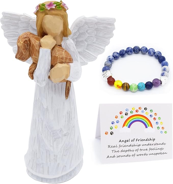 Hundeminde Gave Sæt med Venskabsengel Figur & Regnbuebro Chakra Armbånd