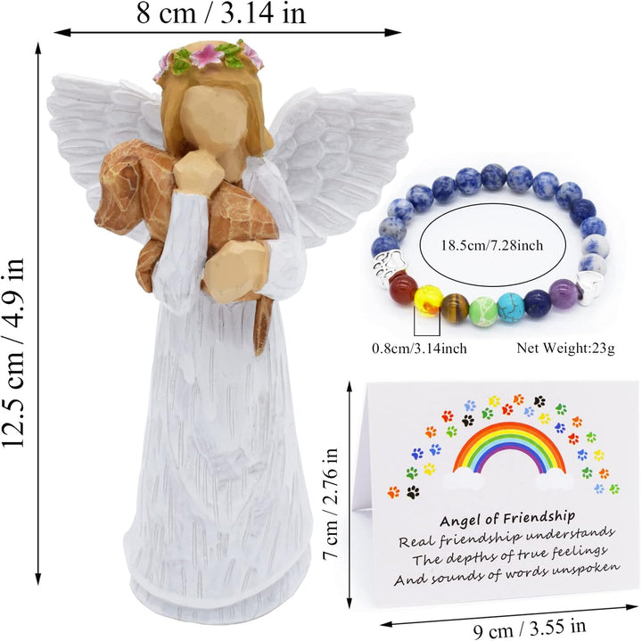 Hundeminde Gave Sæt med Venskabsengel Figur & Regnbuebro Chakra Armbånd