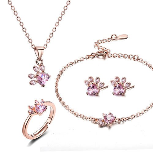 Rosegull Pote Smykkesæt – 4 Dele med Zirconia Hjerte (Ring, Halskæde,Øreringe, Armbånd)