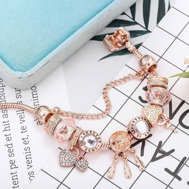 Rose Dreamcatcher-armbånd med charms inkluderet i sterling sølv