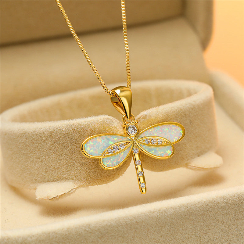 Dragonfly-halskæde i guld med opal