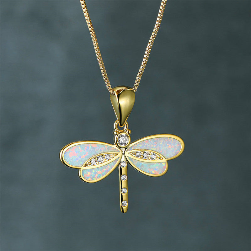 Dragonfly-halskæde i guld med opal