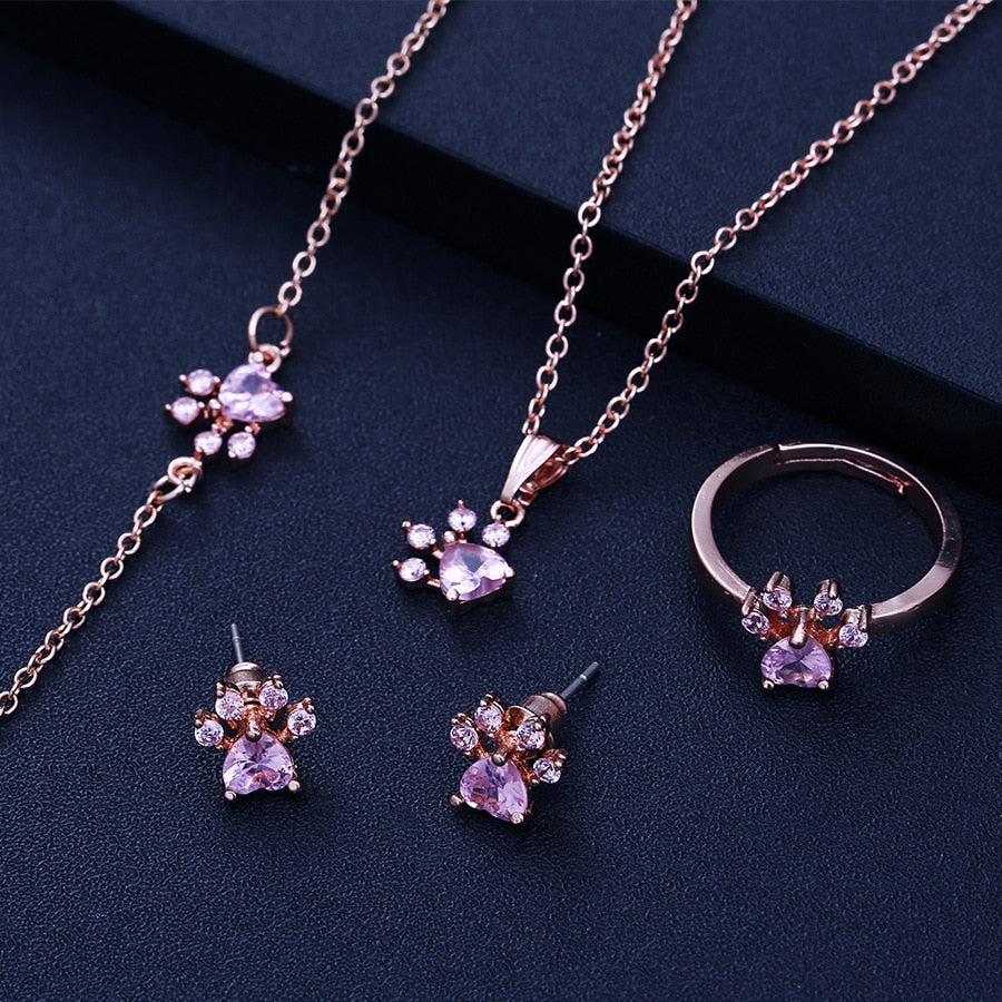 Rosegull Pote Smykkesæt – 4 Dele med Zirconia Hjerte (Ring, Halskæde,Øreringe, Armbånd)