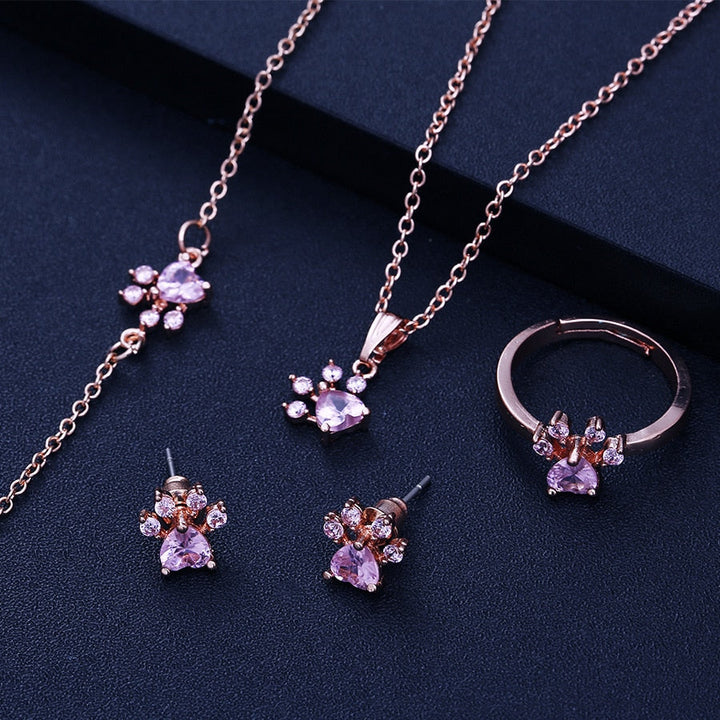 Rosegull Pote Smykkesæt – 4 Dele med Zirconia Hjerte (Ring, Halskæde,Øreringe, Armbånd)